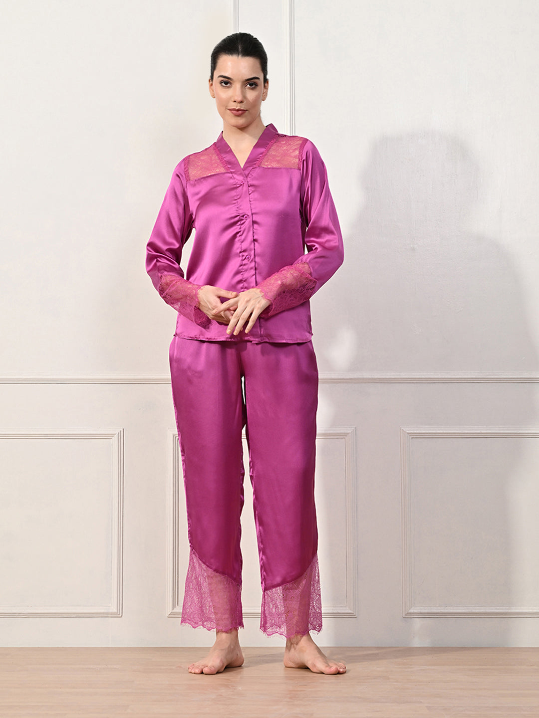 Women Shirt & Pyjama set Pink Solid