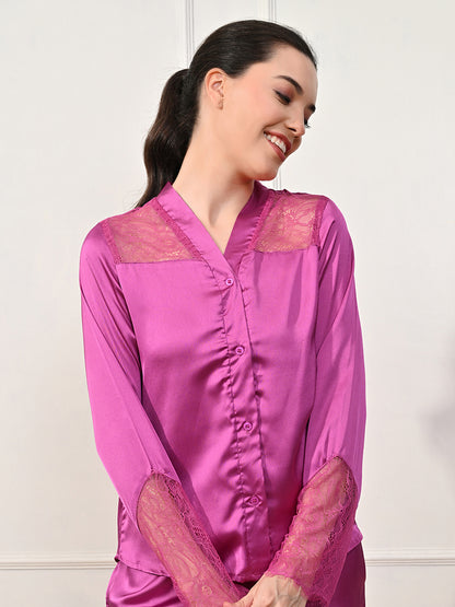 Women Shirt & Pyjama set Pink Solid