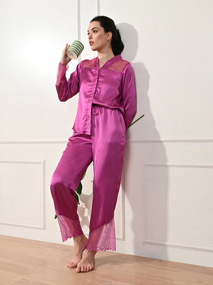 Women Shirt & Pyjama set Pink Solid