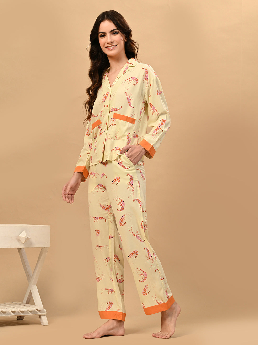 Women Shirt & Pyjama set Yellow Printed
