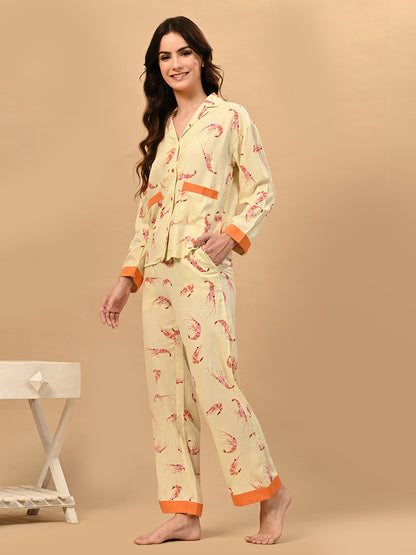 Women Shirt & Pyjama set Yellow Printed