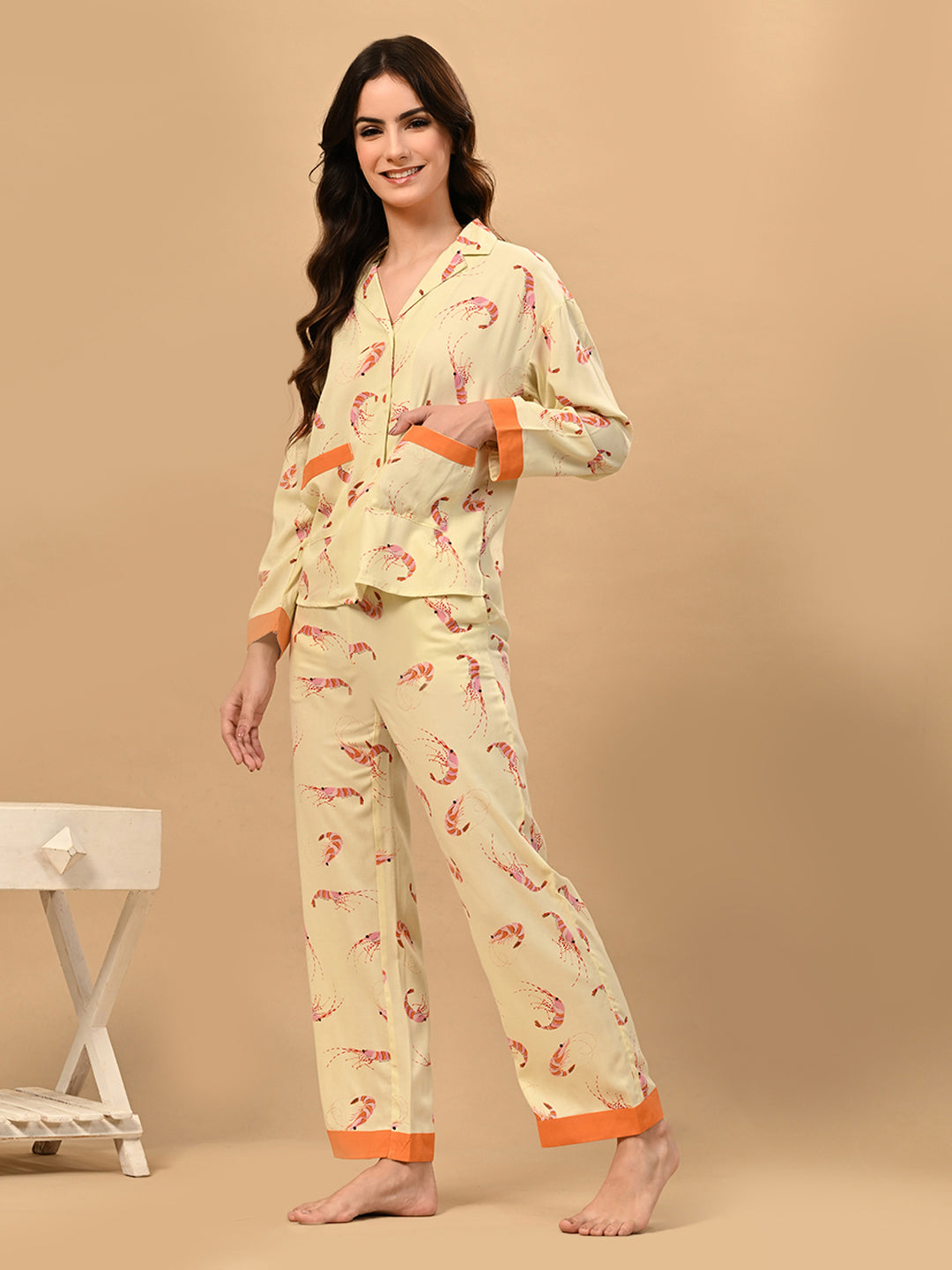 Women Shirt & Pyjama set Yellow Printed