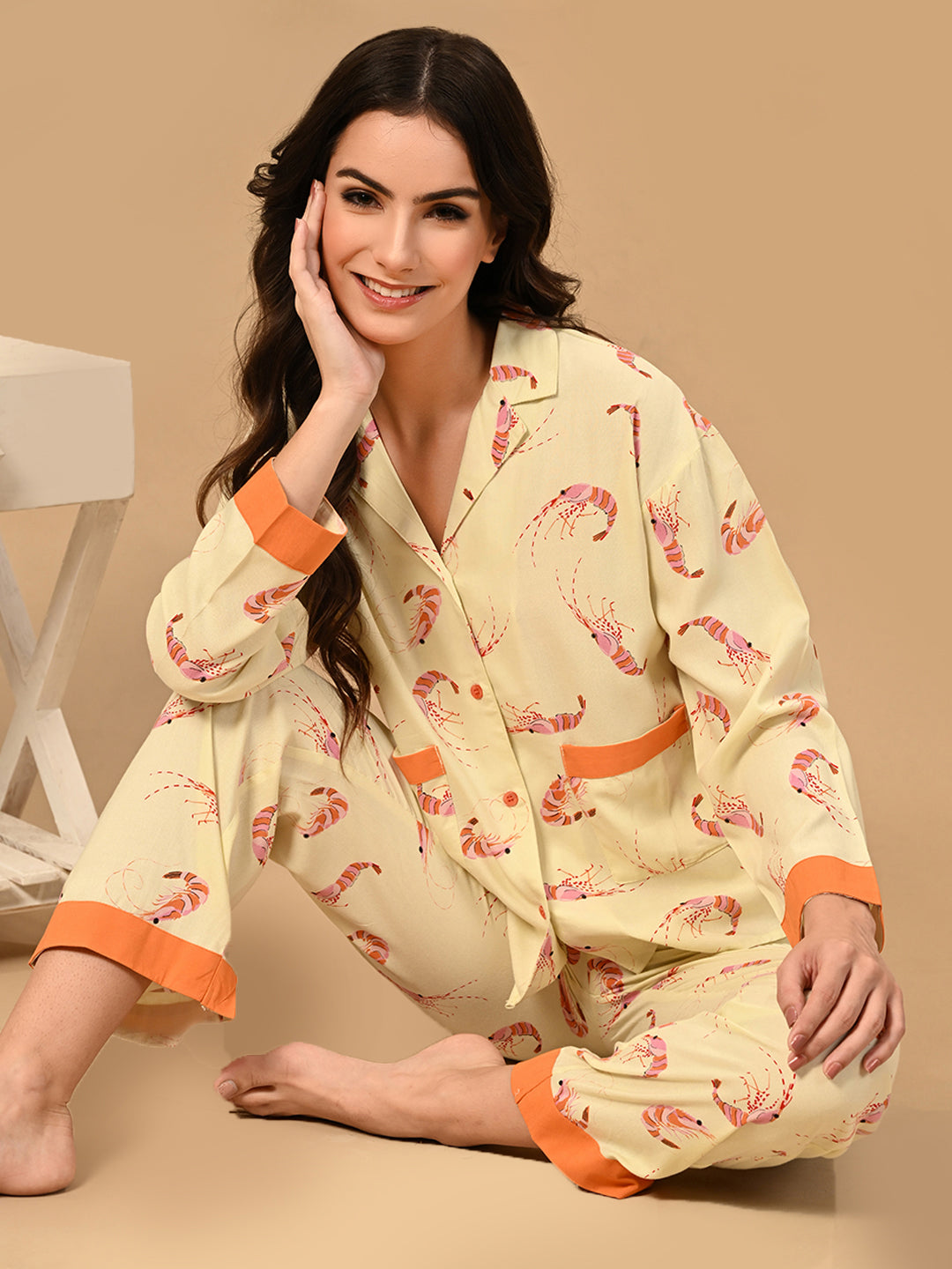 Women Shirt & Pyjama set Yellow Printed