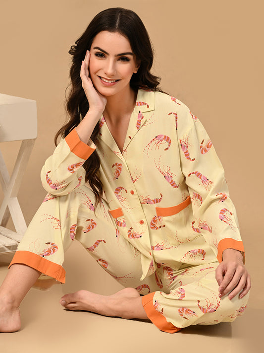 Women Shirt & Pyjama set Yellow Printed