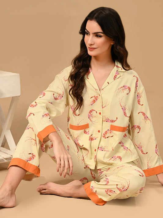 Women Shirt & Pyjama set Yellow Printed