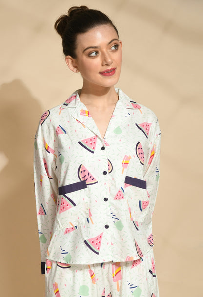 Women Shirt & Pyjama set White Printed