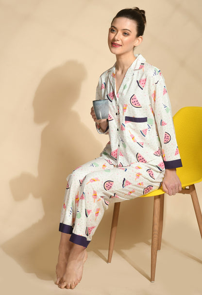 Women Shirt & Pyjama set White Printed