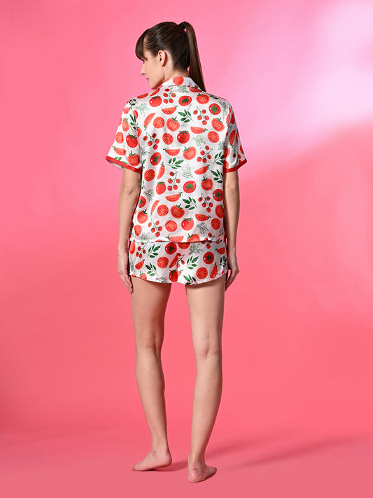 Women Top & Shorts Set Red Printed