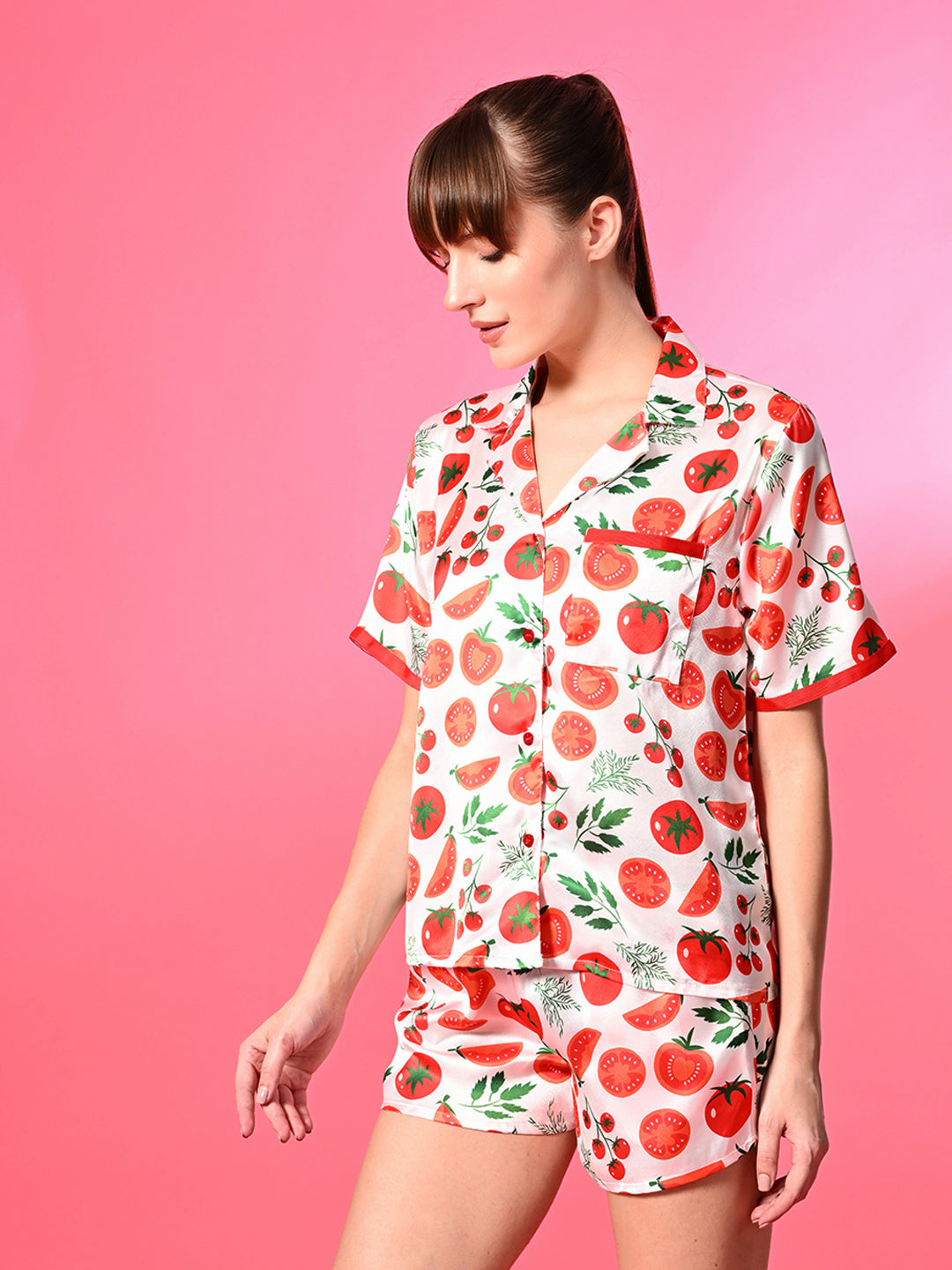 Women Top & Shorts Set Red Printed
