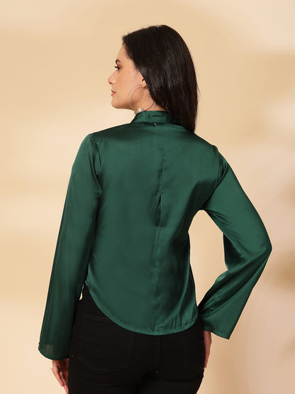 Party Flared Sleeves Solid Women Green Top