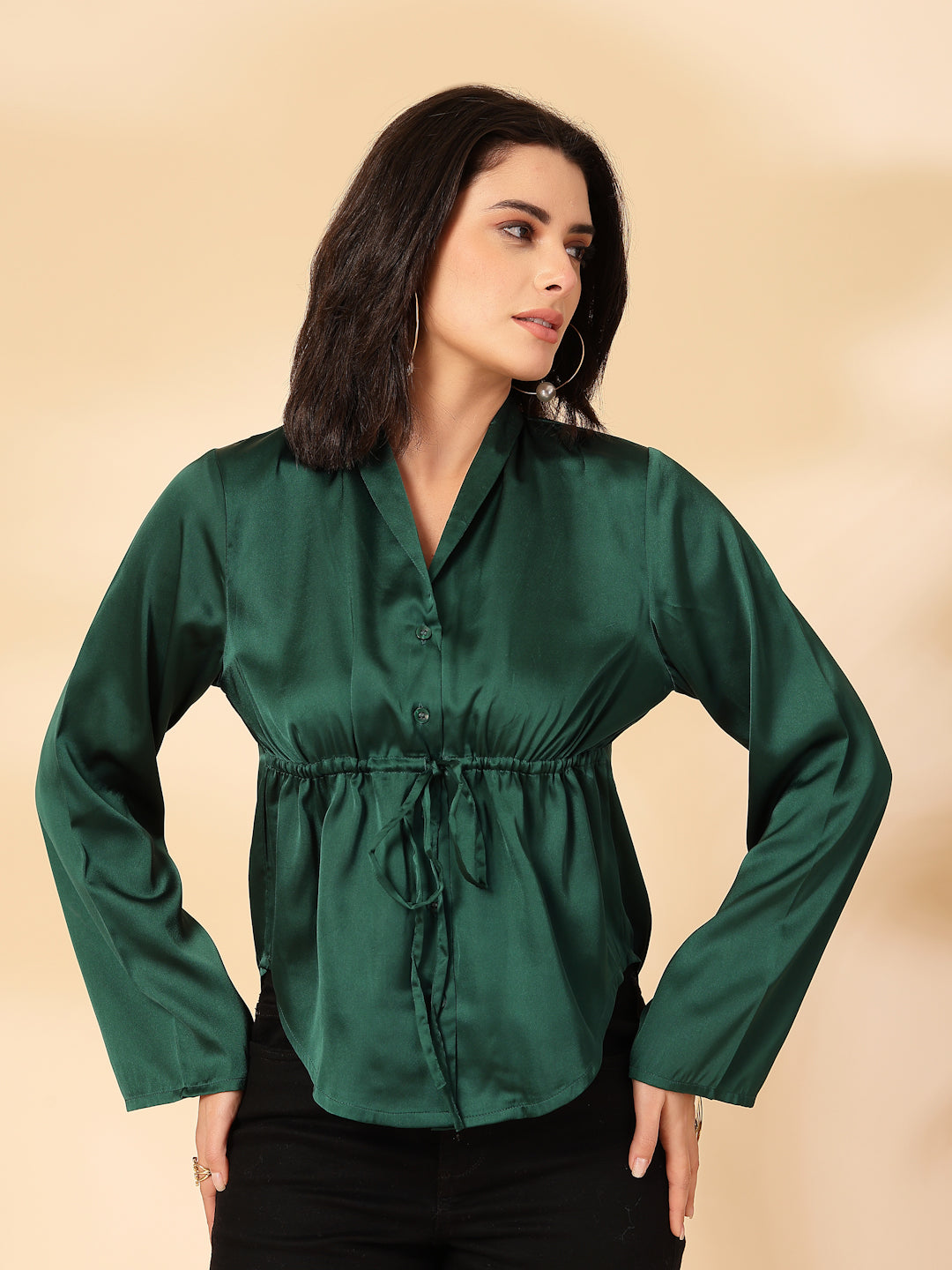 Party Flared Sleeves Solid Women Green Top