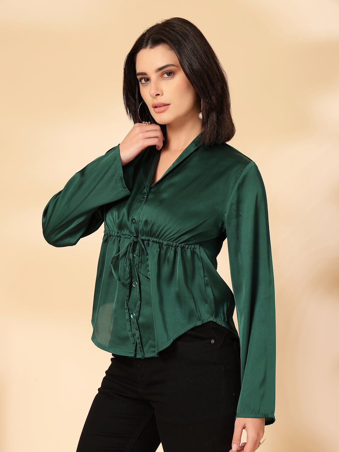 Party Flared Sleeves Solid Women Green Top
