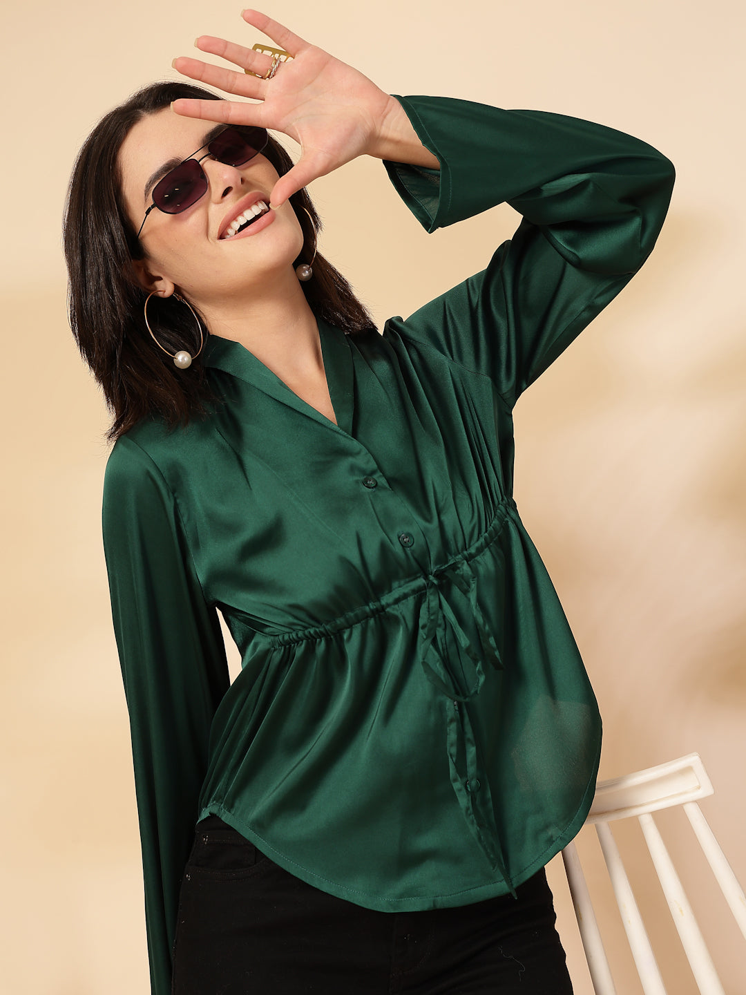 Party Flared Sleeves Solid Women Green Top