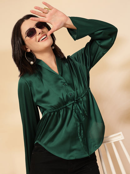 Party Flared Sleeves Solid Women Green Top