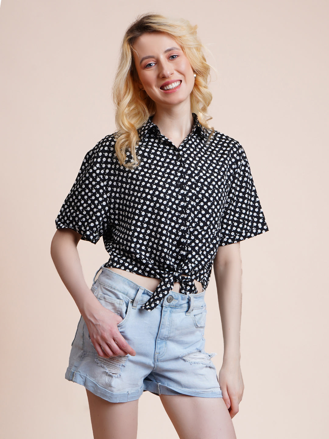 Casual Regular Sleeves Polka Print Women Black Top
