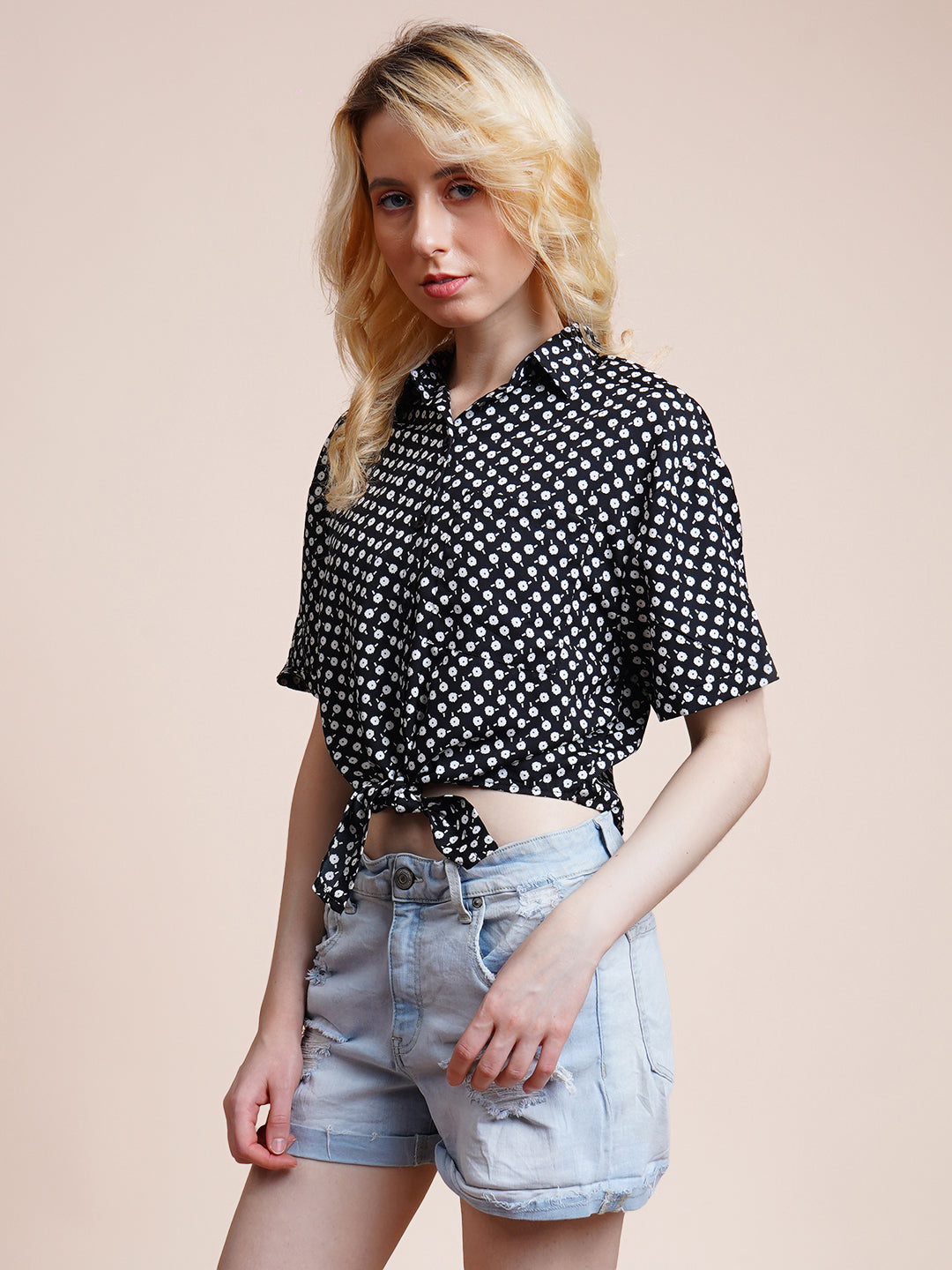 Casual Regular Sleeves Polka Print Women Black Top
