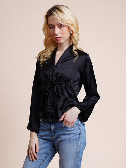 Casual Regular Sleeves Solid Women Black Top