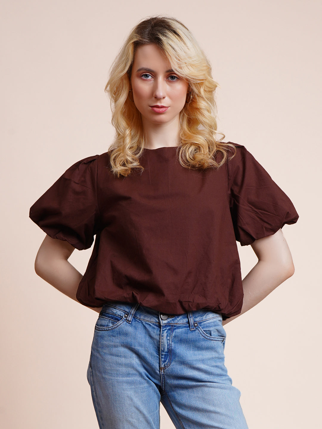 Casual Balloon Sleeve Solid Women Brown Top