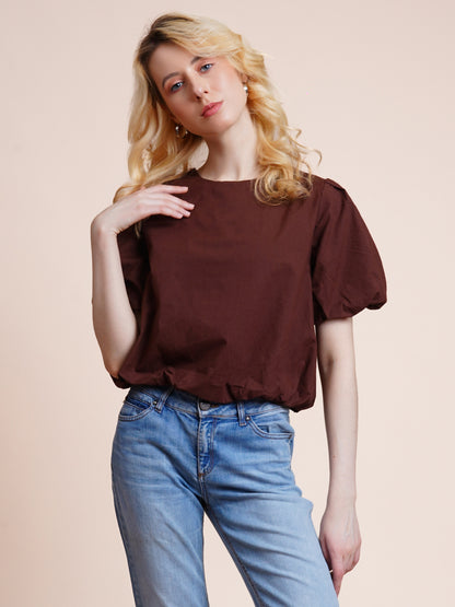 Casual Balloon Sleeve Solid Women Brown Top
