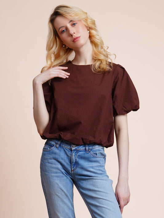 Casual Balloon Sleeve Solid Women Brown Top