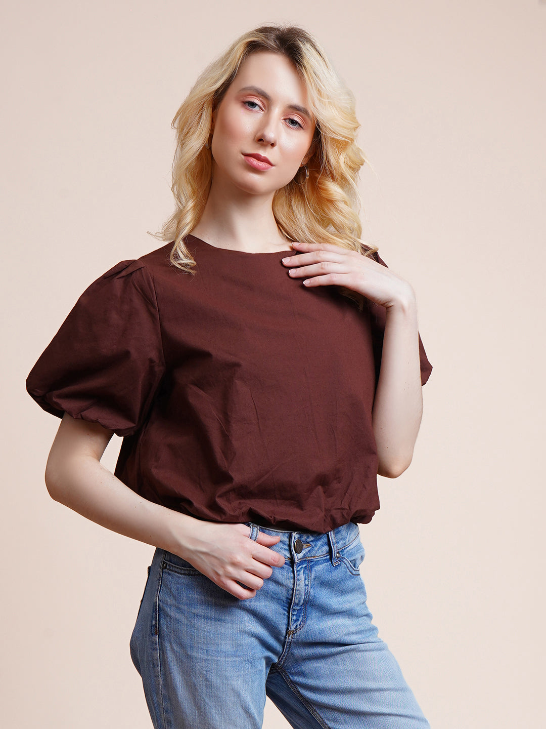 Casual Balloon Sleeve Solid Women Brown Top