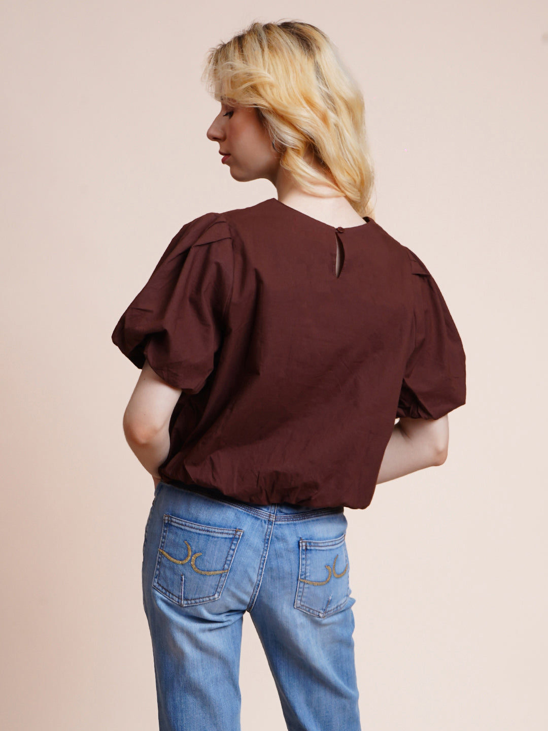 Casual Balloon Sleeve Solid Women Brown Top