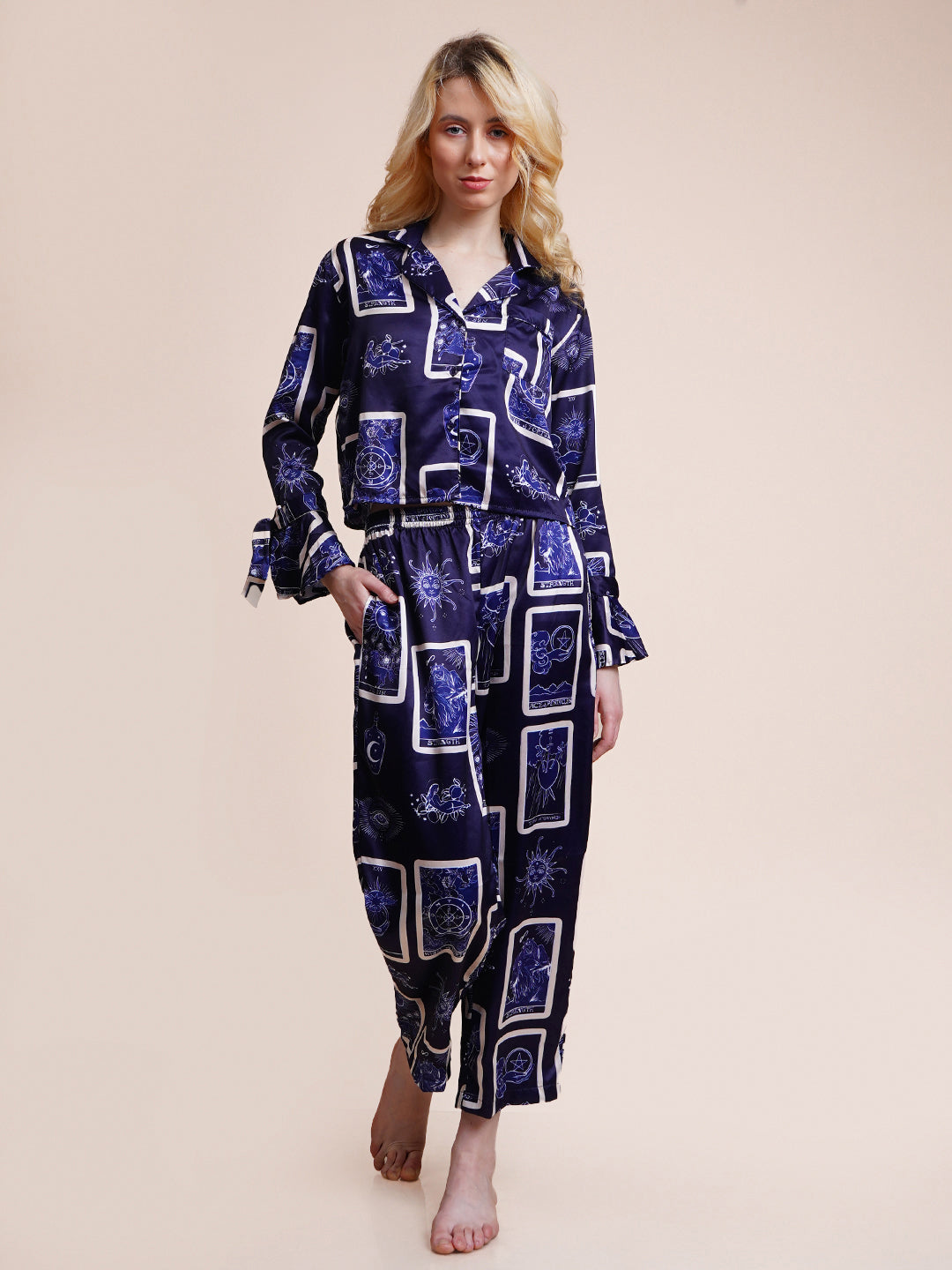 Women Shirt & Pyjama set Blue Self Design