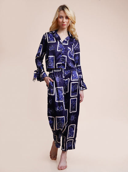 Women Shirt & Pyjama set Blue Self Design