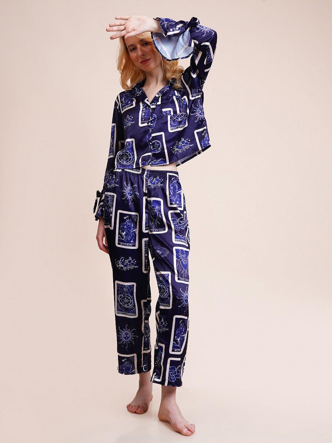 Women Shirt & Pyjama set Blue Self Design
