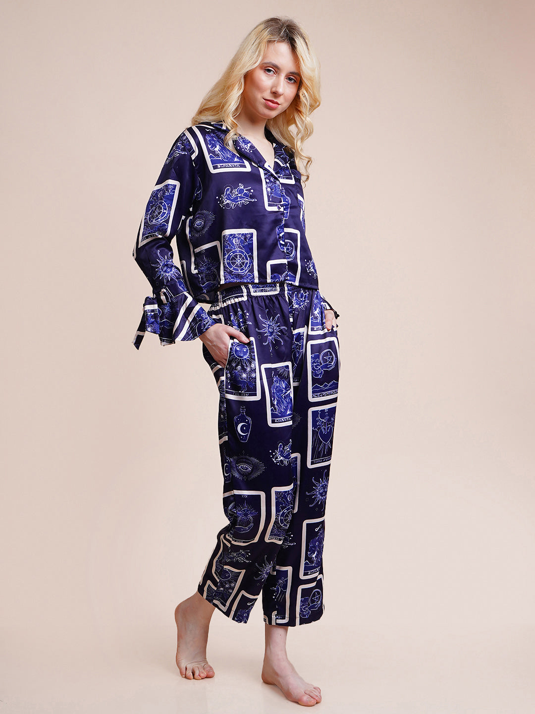 Women Shirt & Pyjama set Blue Self Design