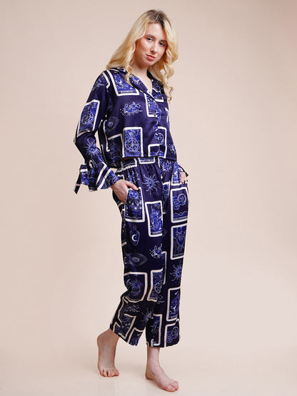 Women Shirt & Pyjama set Blue Self Design