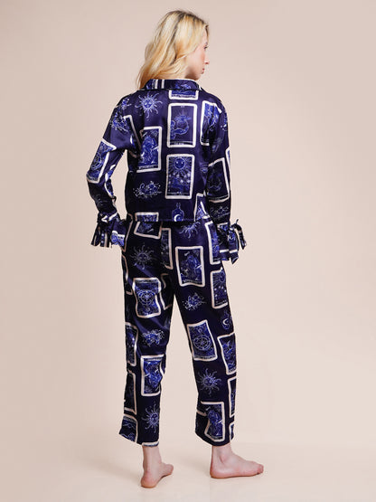 Women Shirt & Pyjama set Blue Self Design