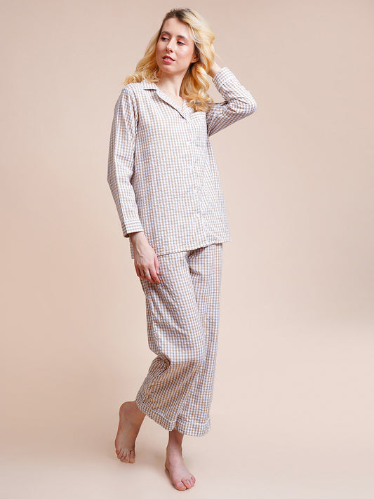 Women Shirt & Pyjama set Brown Checkered