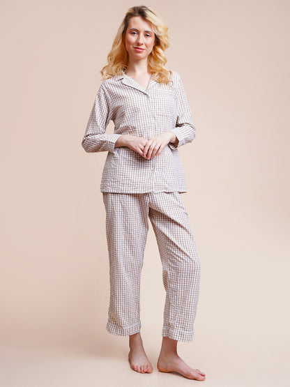 Women Shirt & Pyjama set Brown Checkered