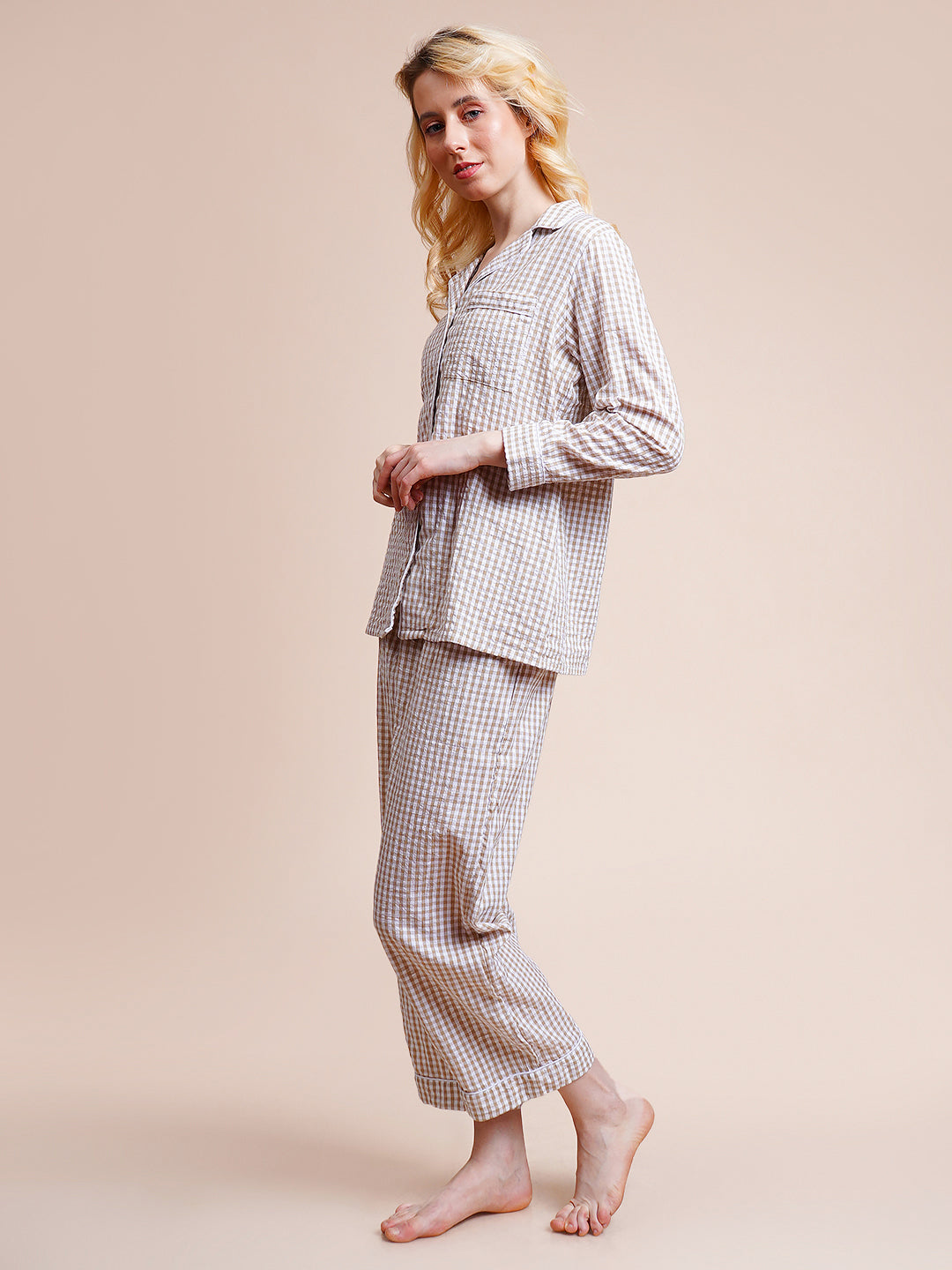 Women Shirt & Pyjama set Brown Checkered