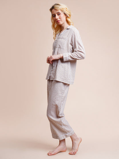 Women Shirt & Pyjama set Brown Checkered
