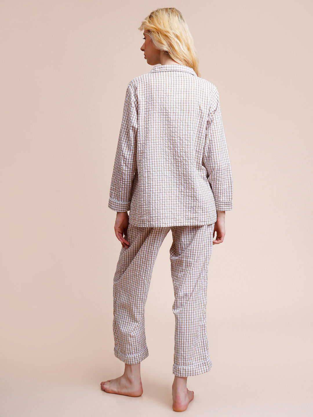 Women Shirt & Pyjama set Brown Checkered