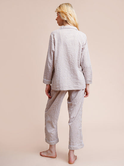 Women Shirt & Pyjama set Brown Checkered