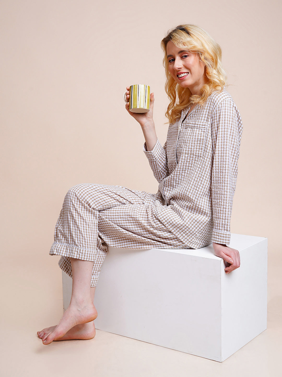Women Shirt & Pyjama set Brown Checkered