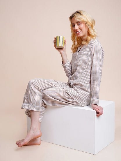 Women Shirt & Pyjama set Brown Checkered