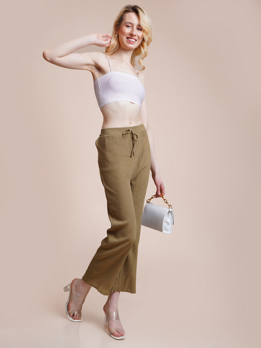 Women Regular Fit Green Pure Cotton Trousers