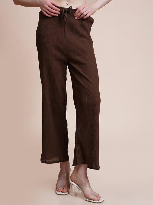 Women Regular Fit Brown Pure Cotton Trousers