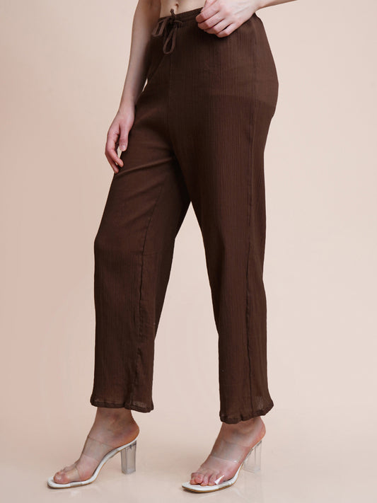 Women Regular Fit Brown Pure Cotton Trousers