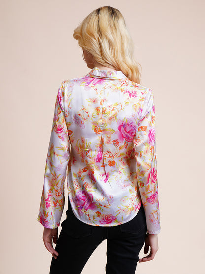 Casual Bell Sleeves Floral Print Women White Top