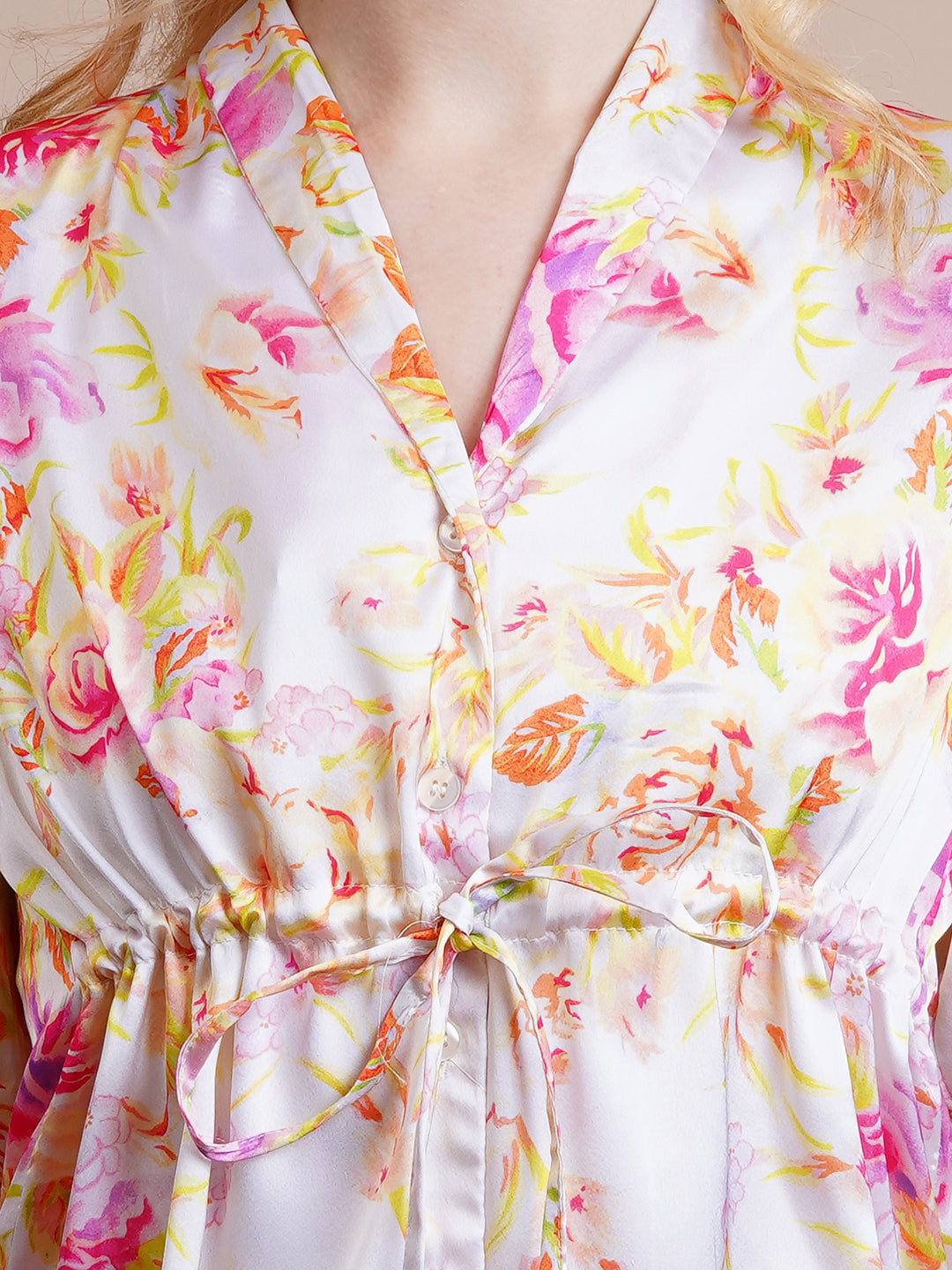 Casual Bell Sleeves Floral Print Women White Top