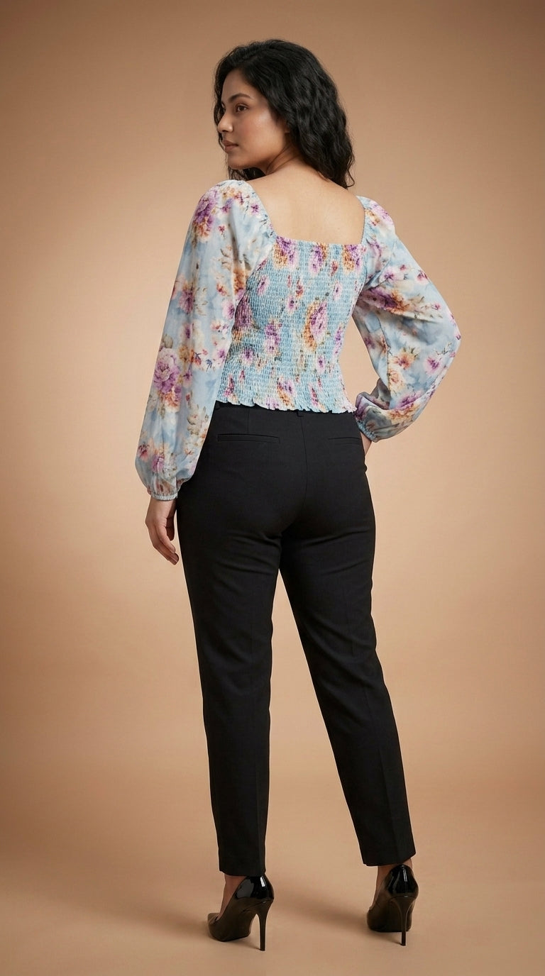 Casual Puff Sleeves Printed Women Silver Top