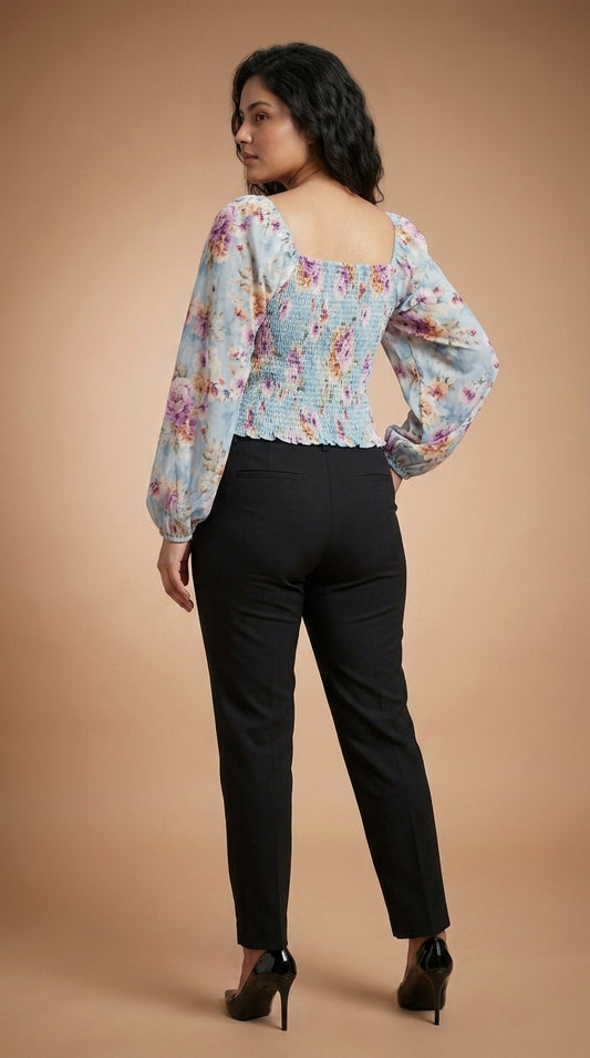 Casual Puff Sleeves Printed Women Silver Top