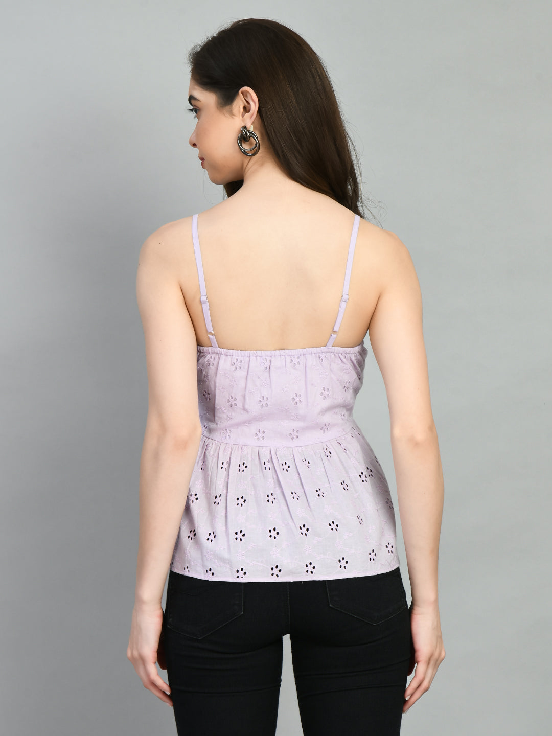 Casual Noodle Straps Embroidered Women Purple Top