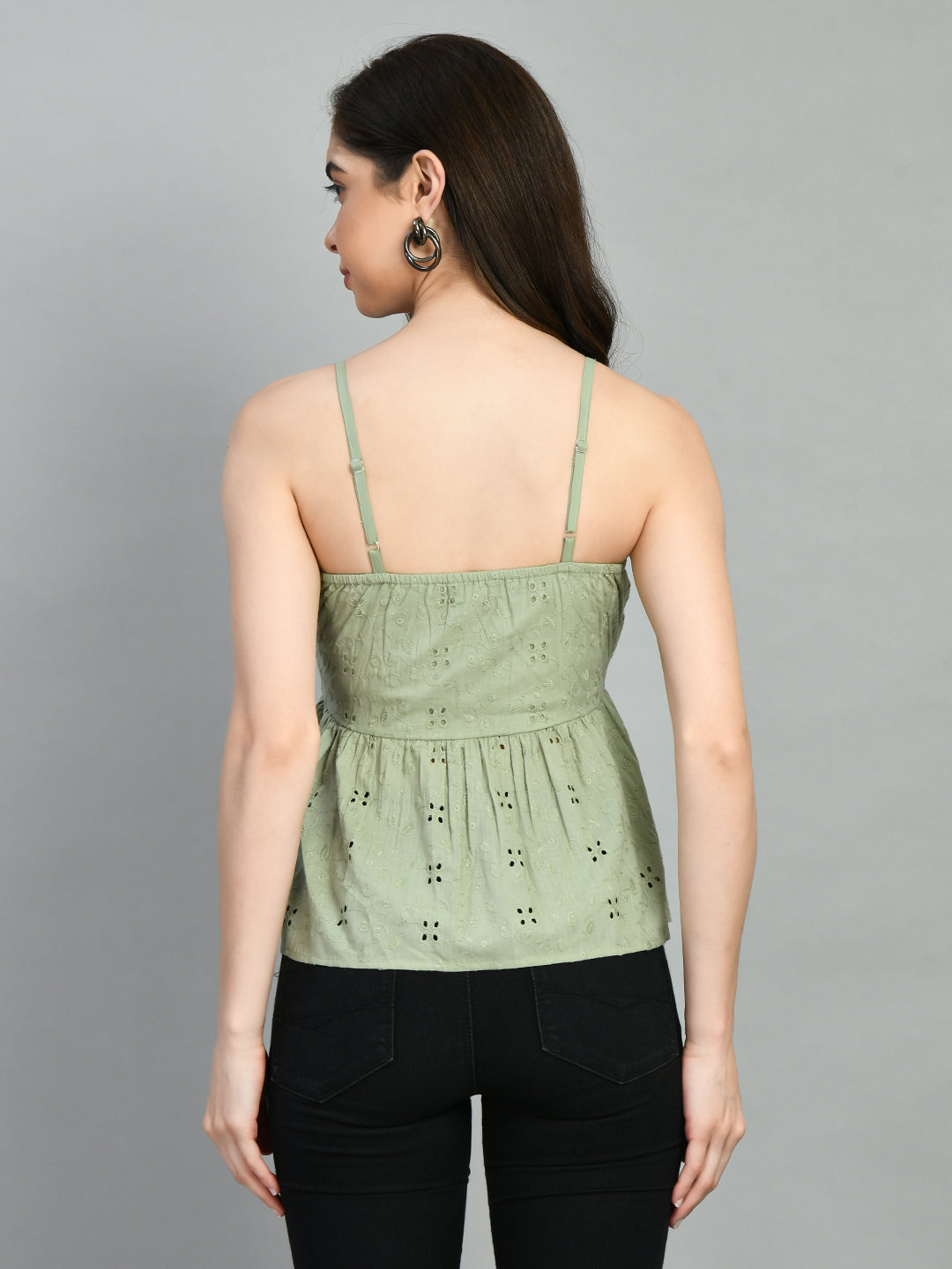 Casual Noodle Straps Embroidered Women Light Green Top