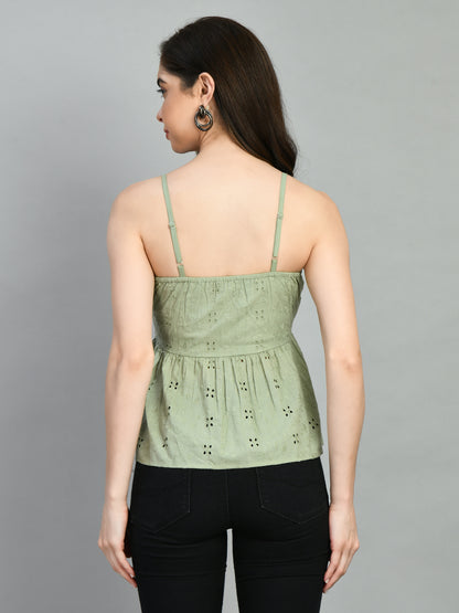Casual Noodle Straps Embroidered Women Light Green Top